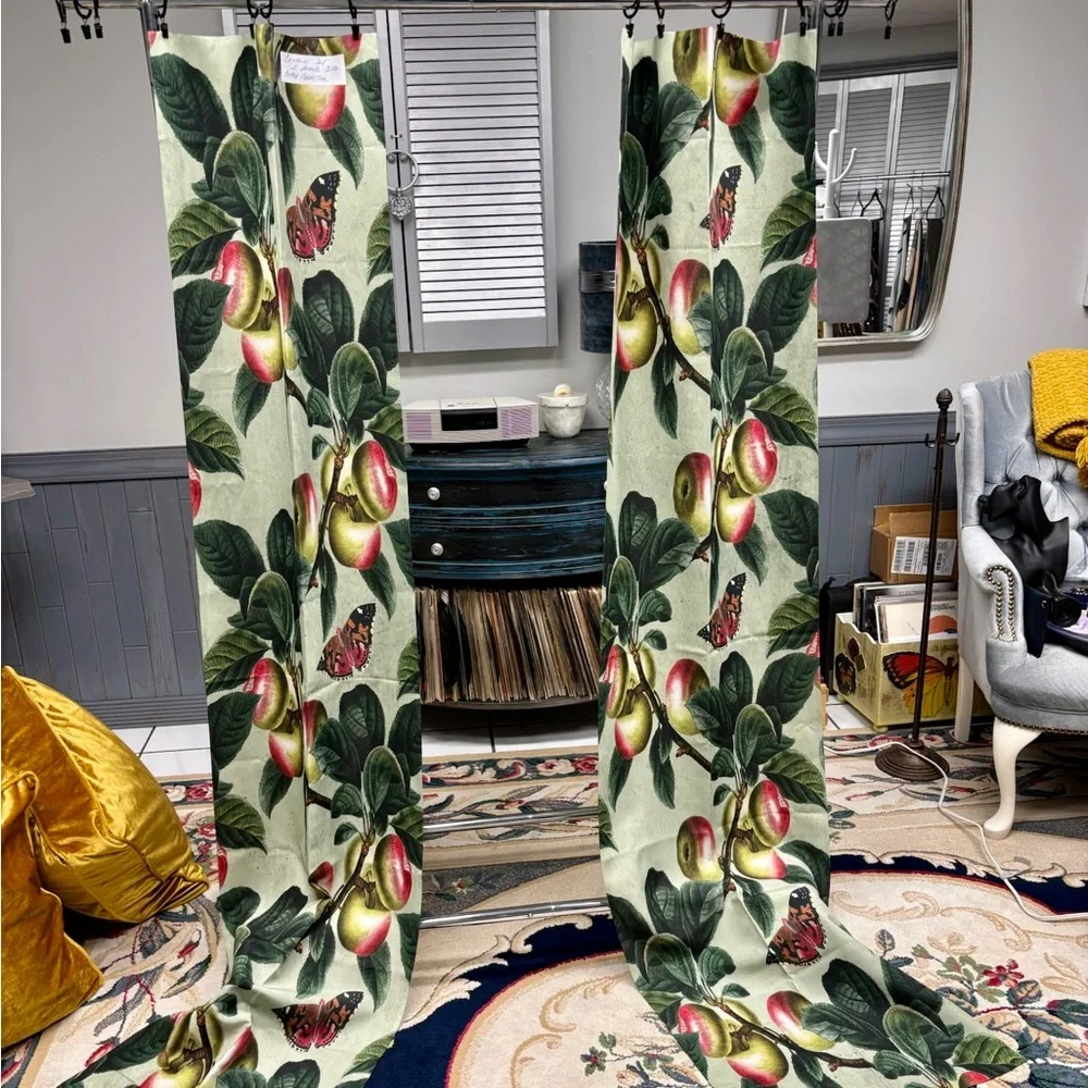 Botanical Fruit Print Curtains with Green Leaves and Pink Accents